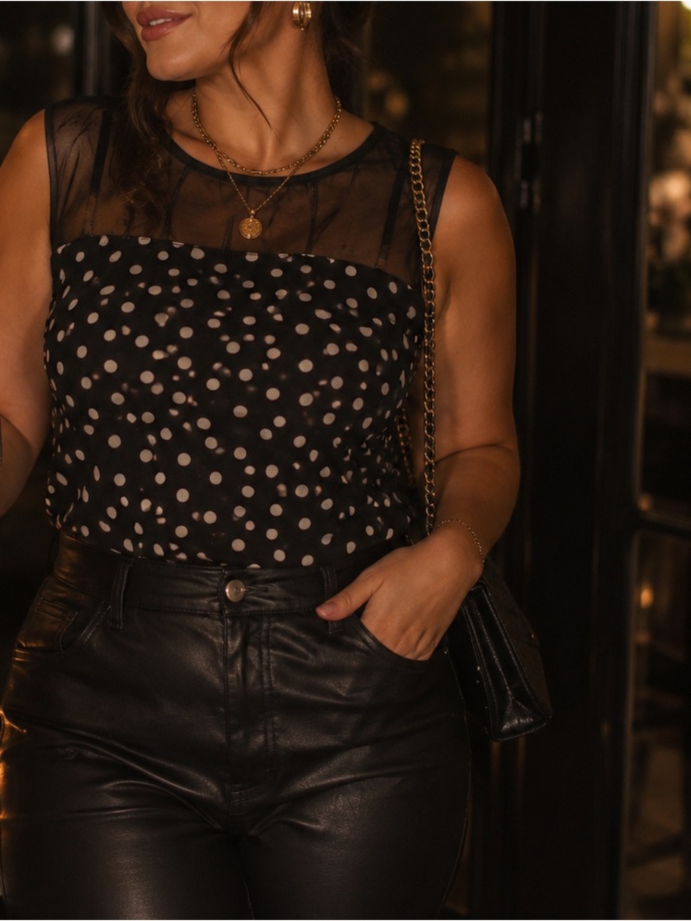 Reitmans Black Sheer Yoke Polka Dot Blouse